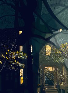 Sombras na janela e vista para o outro lado da rua à noite (arte digital) de Evan Sklar