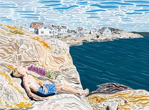 Jovem à beira-mar no verão a apanhar sol nas rochas. (arte digital)