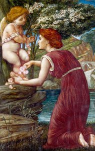 "O culto de Cupido" Mulher jovem segurando uma estatueta do deus do amor. Pintura de Evelyn De Morgan (1855-1919) (pré-rafaelita) Coleção particular de Evelyn De Morgan