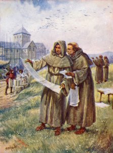 Construção de uma abadia (cor litho) de Evelyn Stuart Hardy