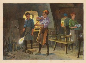 Pequenos trabalhadores: Sopro de vidro (litografia a cores) de Evelyn Stuart Hardy