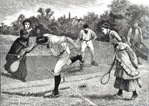 Gravura representando um jogo de ténis de pares amigável de Everard Hopkins