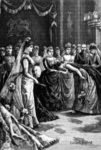 A rainha Victoria recebe os hóspedes em uma sala de estar no Palácio de Buckingham, final do século XIX, 1900