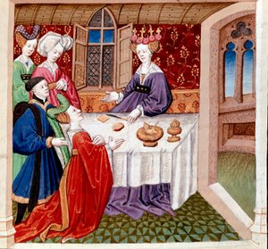 Isolda (ou Isolda) implorou a proteção da rainha Guenevre sentada à sua mesa. Miniatura tirada de “”Romanesque du Chevalier Tristan et de la reine Yseult”” de Gassien de Poitiers iluminada por Everard de Espinques (Evrard d