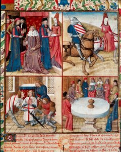 Rei Arthur segurando a corte, Lancelot conduzido por uma senhora para a abadia, suavizando de Galahad (Gaalad ou Galaad) para a abadia e os cavaleiros da Távola Redonda ao redor da página do Manuscrito do Santo Graal “” Roman of the Knight Tristan and Quee