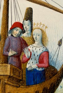 Rainha Isolda (Isolda) de Tristão e embarcaram para o reino de Logres Miniatura tirada de “”Romanesque du Chevalier Tristan and Queen Yseult”” de Gassien de Poitiers iluminada por Everard de Espinques (Evrard d