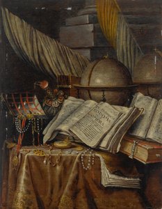 Natureza-morta Vanitas com um globo terrestre, livros e uma caixa de jóias sobre uma mesa drapeada