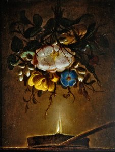Uma natureza morta com um ramo de flores pendurado perto de uma vela. de Evert van Aelst