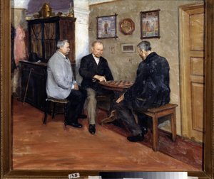 Os jogadores de desenho. Pintura de Evgeni Iosifovich Bukovetsky (1866-1948). Óleo sobre tela, 71 x 80 cm de Evgeniy Iosipovich Bukovetsky