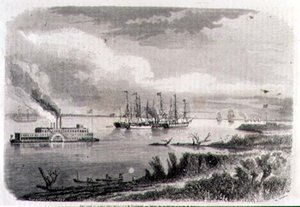 Um Steamer and a Tug Boat on the Mississippi, gravado por Stephane Pannemaker (1847-1930) (gravura)