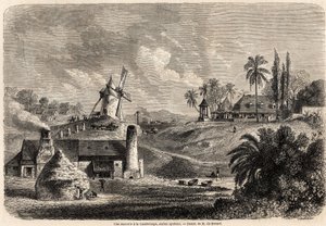 Uma fábrica de açúcar em Guadalupe, desenho de Auguste de Berard (1824-1881), para ilustrar as viagens às Índias Ocidentais, em 1858-1859, de Anthony Trollope (1815-1882). Gravura em "Le tour du monde, nouveau journal des voyages" Paris