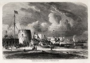 Porto da cidade de Zanzibar (actual Tanzânia), desenho de Evremond de Berard (1824-1881), para ilustrar a viagem do Capitão Burton aos Grandes Lagos da África Oriental, em 1857-1859. Gravura em "Le tour du monde, nouveau journal des voyages" Paris