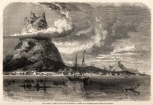 Rade e pico da ilha de Borabora, desenho de Evremond Auguste de Berard (1824-1881), para ilustrar a viagem de um naturalista no arquipélago de Galápagos e nas ilhas de coral, em 1858 por Charles Darwin (1809-1882). Gravura em "Le tour du mond