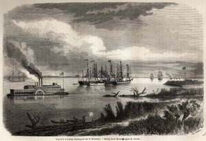 Navio e rebocador no Mississippi, desenho de Evremond Auguste de Berard (1824-1881), para ilustrar a viagem a Nova Orleans em 1855 por Elysee (Elisee) Reclus (1830-1905). Gravação em "Le tour du monde, nouveau journal des voyages" Paris