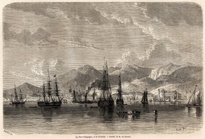 O porto da Espanha, em Trinidad (Trinidad e Tobago), desenhado por Evremond Auguste de Berard (1824-1881), para ilustrar as viagens às Índias Ocidentais, em 1858-1859, por Anthony Trollope (1815-1882). Gravação em "Le tour du monde, nouveau journal des voy