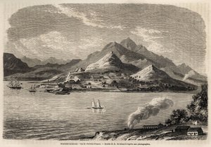 Vista de Port of France, Nova Caledônia, desenho de Evremont de Berard (1824-1881), para ilustrar a viagem de Victor de Rochas à Nova Caledônia em 1859. Gravura em "Le tour du monde" 1861. A coleção de Selva.
