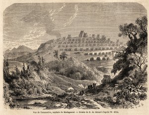 Vista de Tananarive, capital de Madagáscar, desenho de Evremond de Berard (1824-1881), para ilustrar a viagem de Ida Pfeiffer a Madagáscar em 1857. Gravura em "Le tour du monde" 1861. A coleção de Selva.