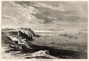 Vista de Tânger (Marrocos), desenho de Evremond de Berard (1824-1881), para ilustrar as notas de viagem de M.F.Schickler a Marrocos. Gravura em "Le tour du monde, nouveau journal des voyages" Paris