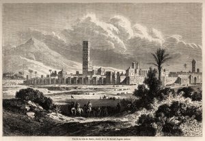 Vista da cidade de Marrakech (antigo Marrocos), desenho de Auguste de Berard (1824-1881), para ilustrar a viagem do Sr. F. Schickler a Marrocos em 1860. Gravura em "Le tour du monde, nouveau journal des voyages" Paris
