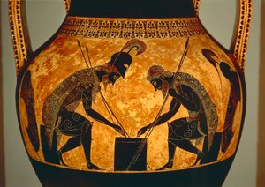 ânfora de sótão com figuras negras representando Aquiles e Ajax jogando dados, de Vulci, c.540-530 BC (cerâmica) (detalhe) de Exekias Exekias