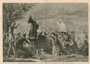 George Whitefield pregando em Moorfields, 1742 d.C. - na exposição da Academia Real (gravura) de Eyre Crowe