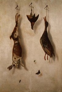 Natureza-morta de jogo morto pendurado numa parede de F.A. Brandel