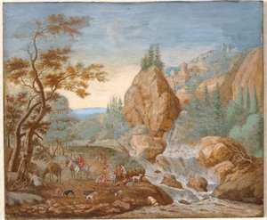 Paisagem de montanha com um grupo de caça em primeiro plano de F.C. van Bracht