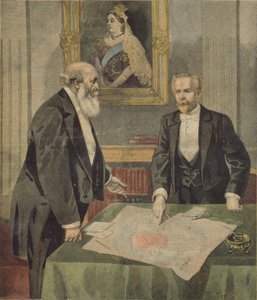 Convenção anglo-francesa assinada em Londres por Paul Cambon (1843-1924), o embaixador francês, e Lord Salisbury (1830-1904), o primeiro-ministro britânico, do Le Petit Journal, em 9 de abril de 1899