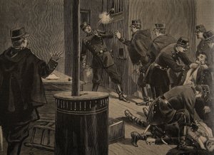 Etievant, o anarquista Shoots from the Grate, ilustração de &39;Le Petit Journal: Suplemento illustre&39;, 30 de janeiro de 1898