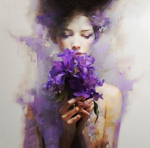Uma mulher bonita usa flores púrpura abstractas, Arte de parede | Impressões em tela de F. Abderrahim