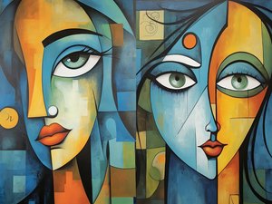 rosto de menina bonita em estilo cubismo، impressões de arte de parede, tamanhos de impressão de imagem personalizados