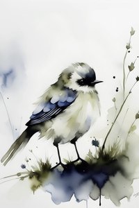 Um pássaro solitário numa pintura a aguarela, decoração de parede, impressões de arte de interior de F. Abderrahim