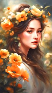 Uma mulher decorada com flores numa bela paisagem, impressões de arte de parede de F. Abderrahim