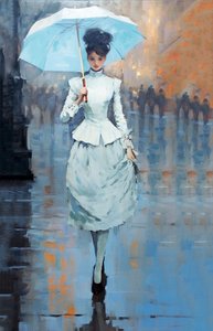 Uma jovem mulher na rua com um guarda-chuva na mão, impressões artísticas de F. Abderrahim