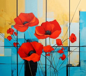 Mondrian abstrato, pintura de flores de papoilas, Arte de parede | Impressões em tela