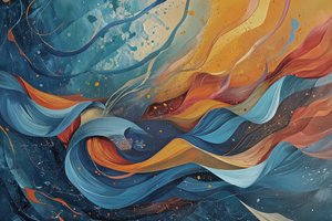 Pintura abstrata em ondas de azul, laranja e amarelo, acrílico sobre tela de F. Abderrahim