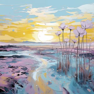 Flores roxas abstractas na paisagem do pôr do sol, impressões murais personalizadas de F. Abderrahim