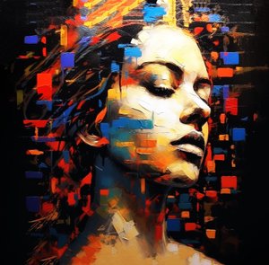 Pintura abstrata retrato feminino perfil fundo preto, Arte de parede | Impressões em tela de F. Abderrahim