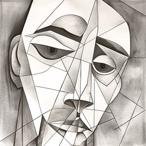 Desenho abstrato primitivo a lápis representando um retrato facial melancólico de F. Abderrahim