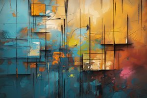Pintura acrílica sobre tela, azul, laranja e amarelo, decoração de parede do quarto de F. Abderrahim