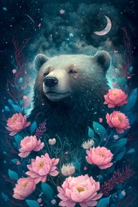 Urso numa cena de sonho de fantasia rodeado de flores, impressões de posters emoldurados de F. Abderrahim