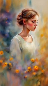 Retrato de uma jovem bonita e pintura de flores sobre tela, impressões de arte de parede, cores vivas de F. Abderrahim