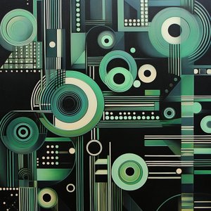 Pintura geométrica complexa sobre fundo preto escuro, impressões de belas artes