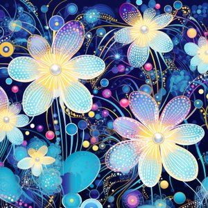 Padrão de motivos florais em azul, estilo yayoi kusama, impressões de belas artes online de F. Abderrahim