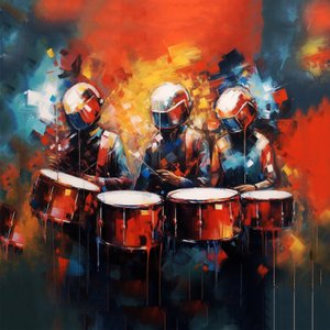 Grupo de músicos bateristas a tocar bateria, música rock, arte digital imprimível de F. Abderrahim