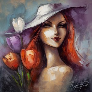 Retrato de rapariga impressionista e flores de açafrão, Pintura em tela acrílica floral de F. Abderrahim
