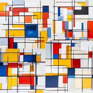 Composição de Mondrian com vermelho, azul e amarelo, decoração de parede para sala de estar de F. Abderrahim