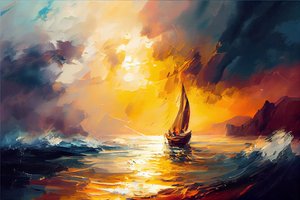 Barco à vela no mar, paisagem marítima do nascer do sol, pintura sobre tela, impressões de arte de parede de F. Abderrahim