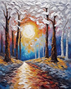 Pôr do sol numa floresta, impressões de tela de paisagem, pintura a cores vibrantes de F. Abderrahim