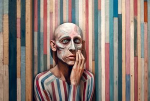 Pintura surrealista de um homem triste inspirada em Giorgio de Chirico, impressões digitais de F. Abderrahim